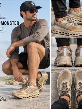 On Cloudmonster Men’s 10 Running Shoes Tan Beige Gold CloudTec Athletic Sneakers